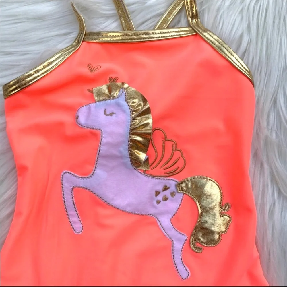 Girls One Piece Horse & Ruffles Swimsuit Coral & Gold Toddler 2T